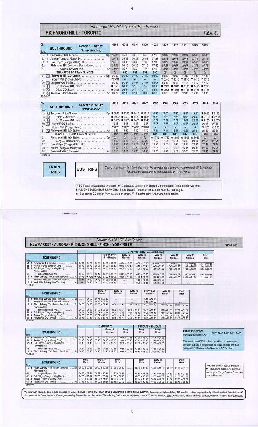 GO transit timetable circa 2000 page 5