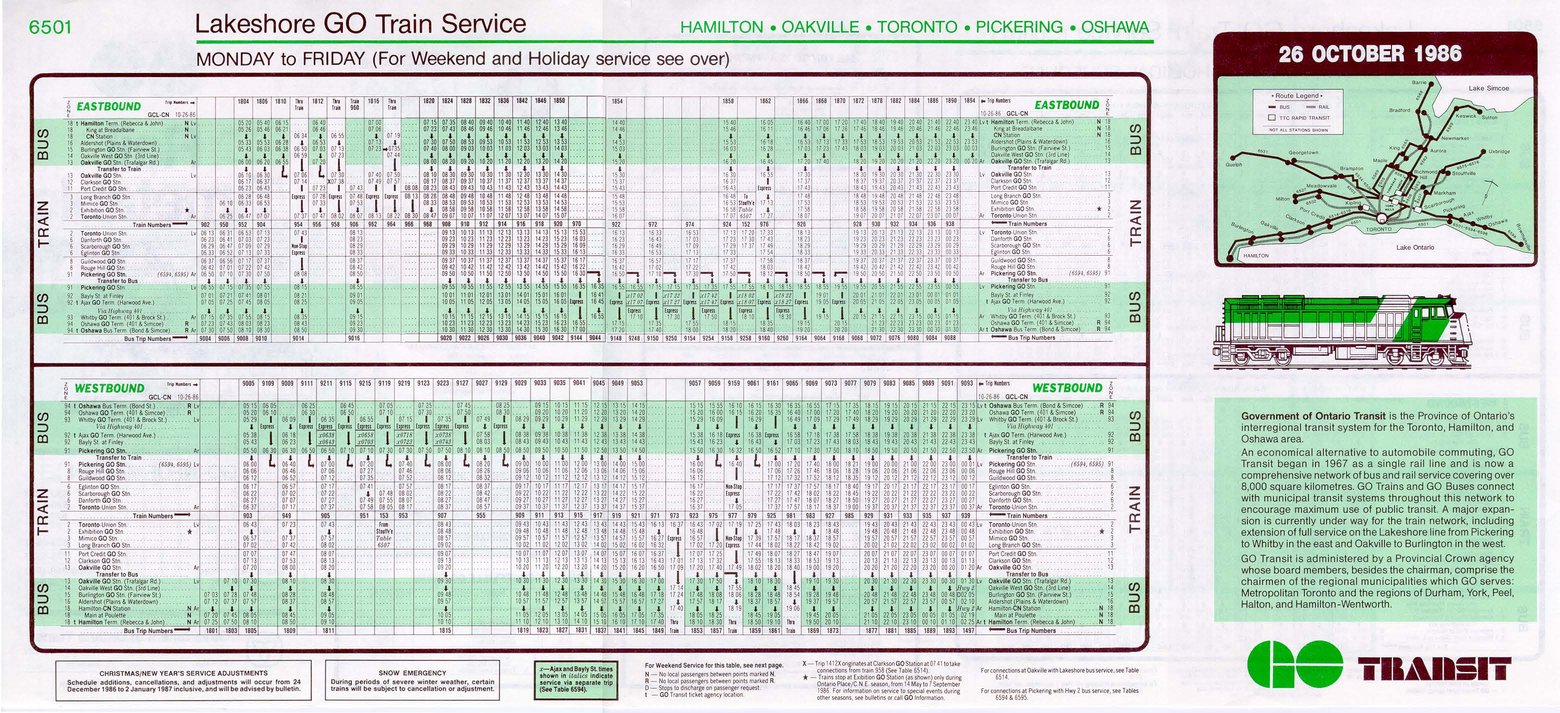 GO transit rail timetable circa 1985 page 4