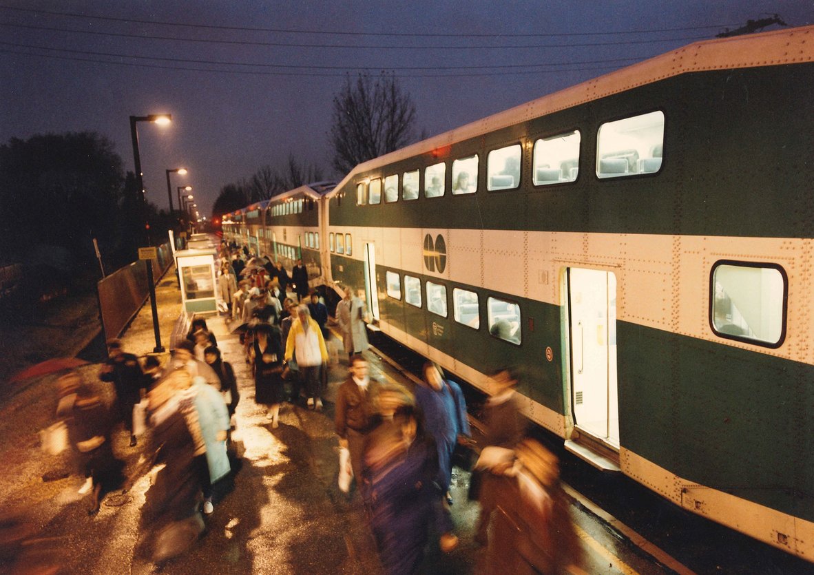 Passengers boarding GO Train circa 1990s