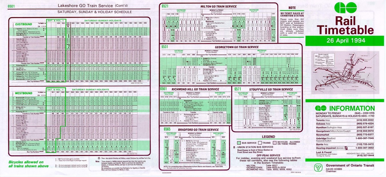 GO transit rail timetable 1994 page 1
