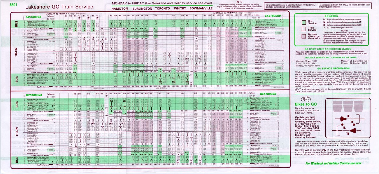 GO transit rail timetable 1994 page 2