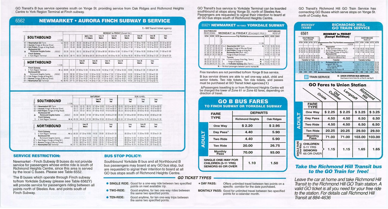 GO transit rail timetable 1994 page 6